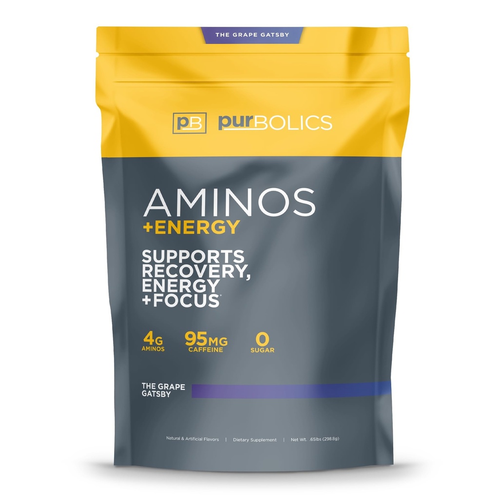 Purbolics Aminos + Énergie , soutient la récupération, l'énergie et le focus , 95mg de caféine , 0 sucre et 60 portions (le raisin Gatsby)