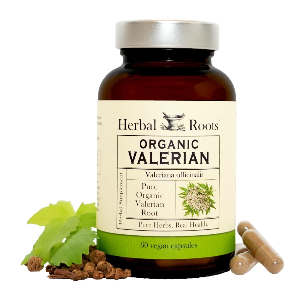 Kruidenwortels Pure Biologische Valeriaanwortelcapsules - 900 mg - Non-Habit vorming zonder Melatonine, Non-GMO - 60 Graaf Vegan Capsules, Kruidensupplement