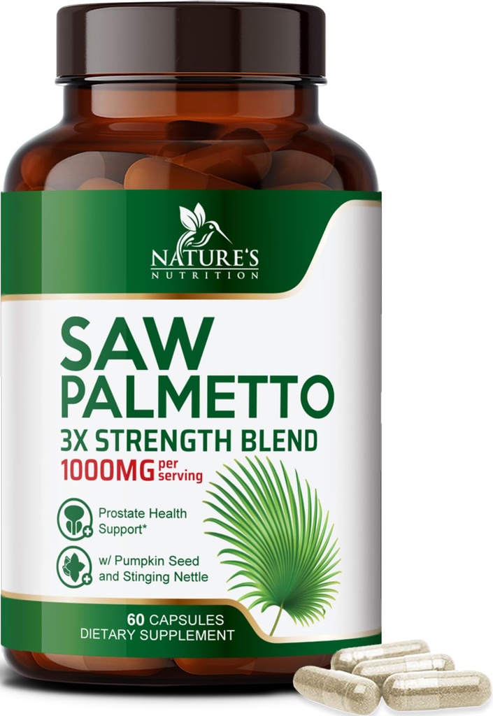 Saw Palmetto pour les hommes 1000MG - Supplément Santé Prostate 3X - Supplément Extrait d'herbes - Suppléments Prostate pour le soutien de la santé des hommes, soutien de la santé urinaire et capillaire de la prostate - 60 Capsules