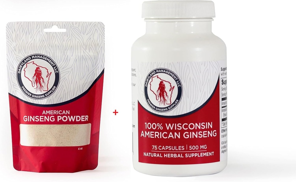 Dairyland American Ginseng Powder 4 oz and Capsules 75 ct Pack of Wisconsin Ginseng 
