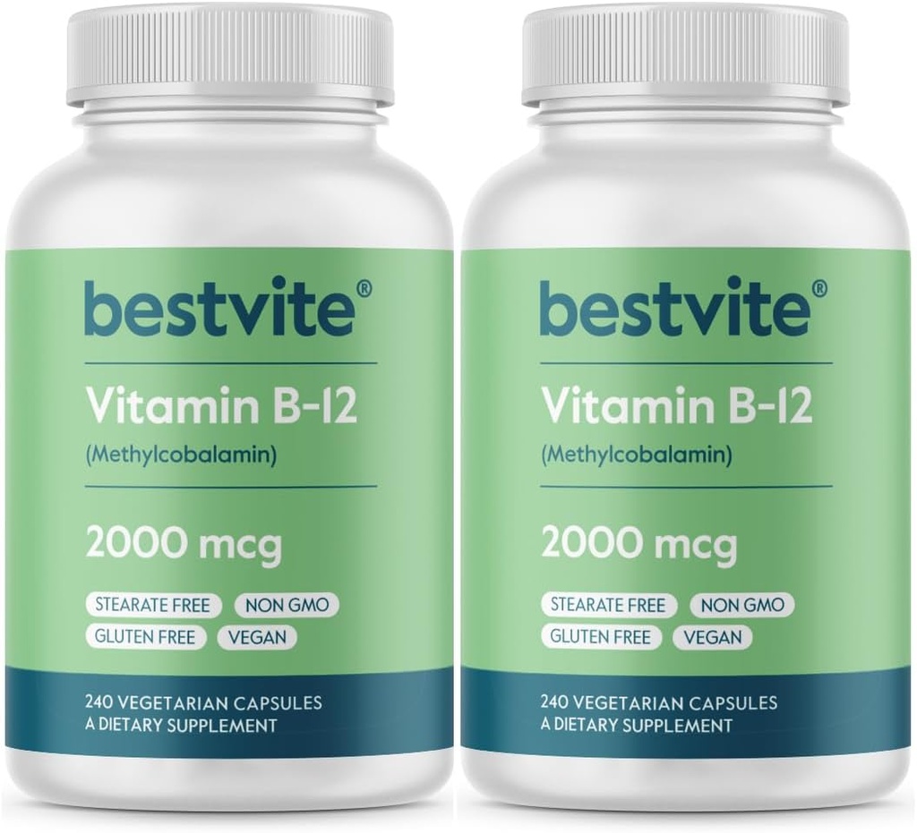 BESTVITE Vitamine B12 (Methylcobalamine) 2000mcg (480 Vegetarische Capsules)(2 x 240) (Methyl B12) - No Stearates - Vegan - Non GMO - Glutenvrij