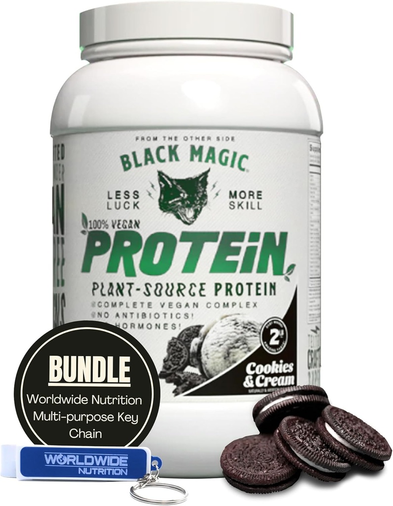Worldwide Nutrition Bundle Compatibel met Black Magic Multi-Source Protein Powder - Vegan Cookies and Cream, High Protein Powder, Low Carb, Low Sugar, Wei, Egg & Casein Blend - 2 LB met sleutelhanger