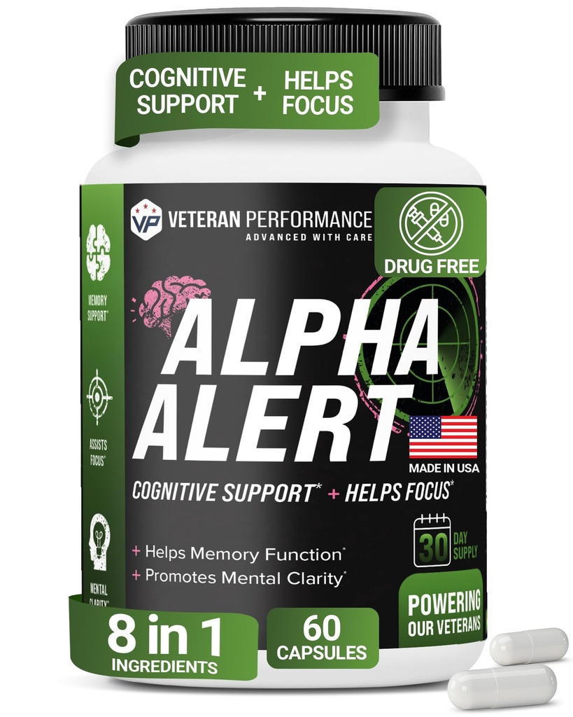 Alpha Alert – Veteran Owned Brain Supplements for Memory and Focus – Third-Party Tested, Dairy & Gluten-Free Nootropic Memory Supplements - 60 Veggie Capsules
