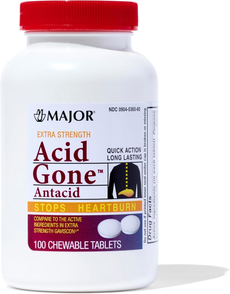 MAJOR Acid Gone Extra sterkte Antacida kauwtabletten - Anti-Acid Relief - Acid Reflux Medicine voor volwassenen - Gestoorde maag, zuur Indigestie, en Heartburn Relief - Lang-Lasting - 100 Tel.