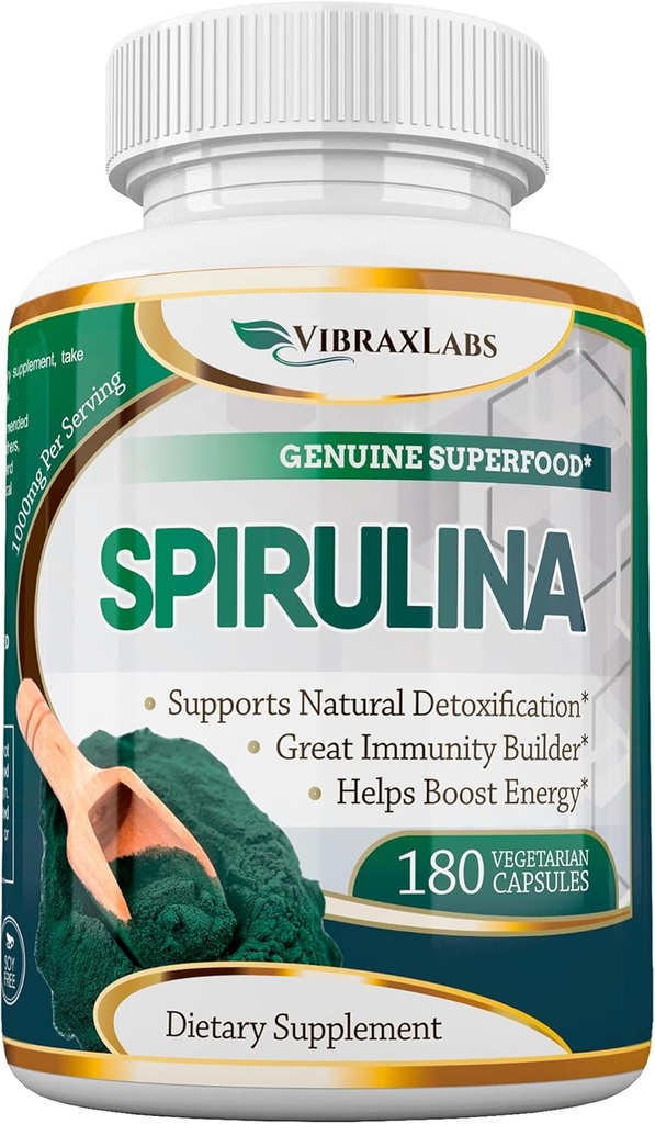 vibraxlabs Spirulina Capsules – 100% Pure 1000mg Servant (500mg Capsules Veggie) Supplément en poudre, Soutient la désintoxication naturelle, Avantages Santé au niveau cellulaire, Meilleur avec Chlorella