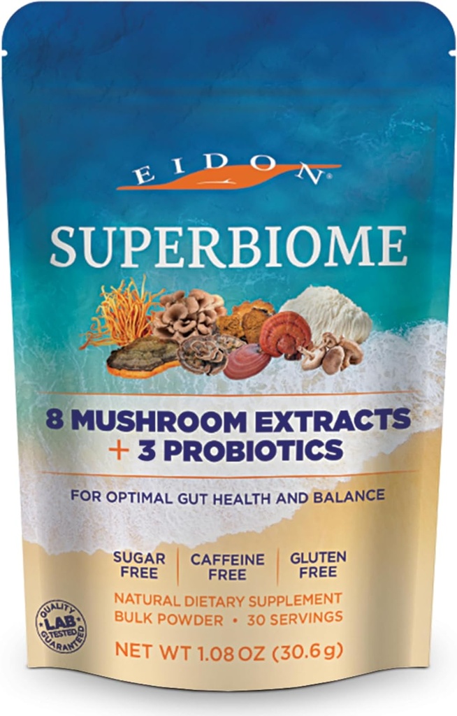 Eidon SuperBiome, Mushroom Probiotica Powder Blend, Gut Balance, Microbiome Health Supplement met Biologische Reishi, Chaga, Lion's Mane, Cordyceps, Turkije staart, Shitake, Maitake, Phelinus, 30 porties