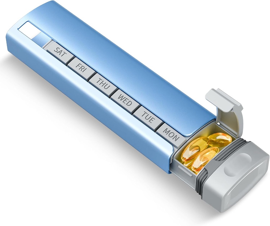 Organisateur de pilules de voyage hebdomadaire, 1 fois par jour ,Alimentation quotidienne supérieure en alliage d'aluminium de qualité supérieure boîte à pilules 7 jours, cas de pilules en métal portable, porte pilule mignon pour tenir les vitamines, médicaments, pilules, suppléments (bleu)