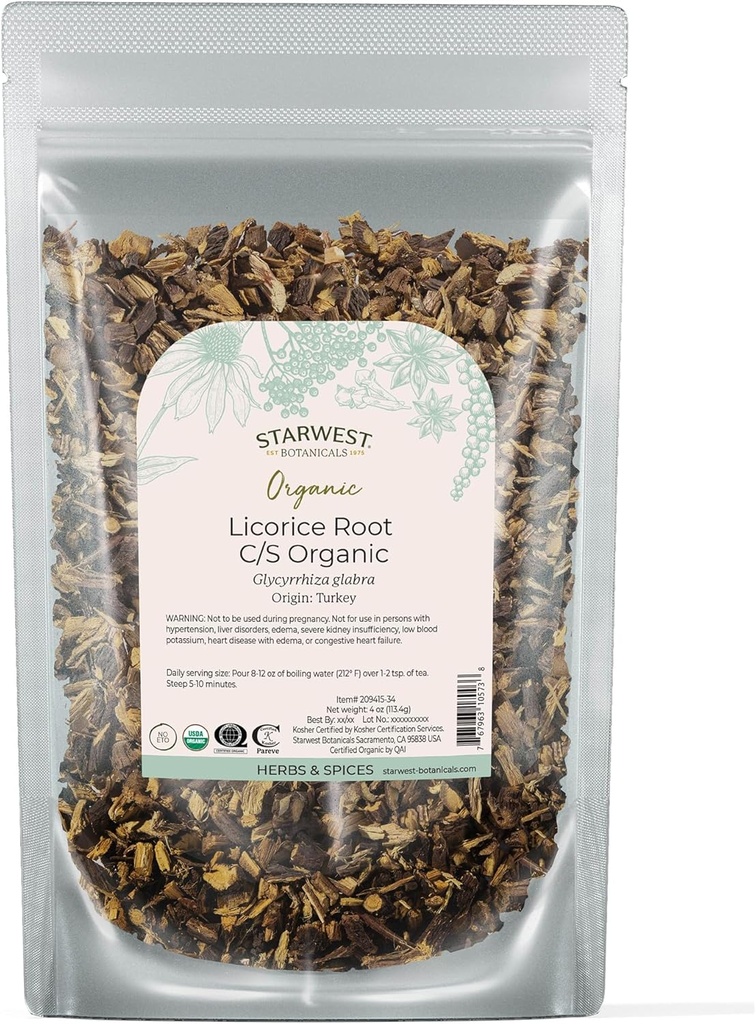 Starwest Botanicals Biologische gedroogde likeurwortel - kruiden voor Loose Leaf Tea Blends, Candy, & Baked Goods, Cut & Sifted, Certified Kosher, Non-GMO - 4 oz Pouch