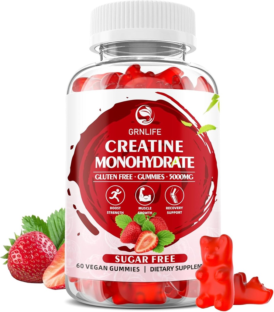 Creatine Monohydraat Gummies voor mannen & vrouwen, Kauwtabletten Creatine Monohydraat voor spierkracht, spier bouwer, energie Boost, suikervrij, veganist, aardbeien smaak-60 Tel.