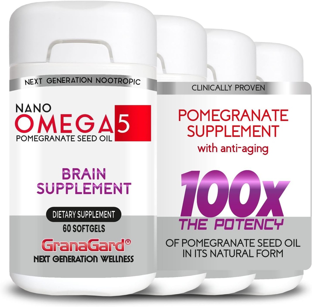KLINISCH Bewezen (4-maand voorraad) Hersensupplementen met Anti Veroudering, Geheugenpillen, Omega 5 Granaatappel Supplement, 4 Flessen 60ct Elk