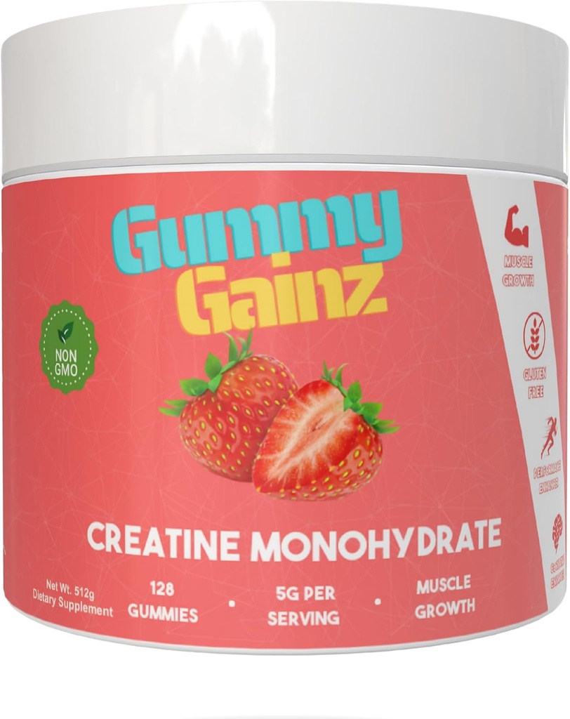 Creatine Monohydraat Gummies Spiersterkte Builder Gain sneller herstel 5000mg voor mannen & vrouwen Boost Energy Pre-Workout Chewables Supplement 128ct (Regular, Aardbei)
