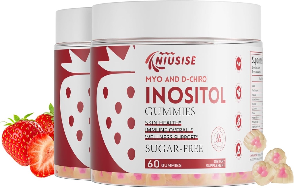 Inositol Gummies, Inositol Supplement met Myo-Inositol & D-Chiro Inositol + Vitamine D3, Ideaal 40:1 verhouding, met Magnesium Glycinate 400 mg, Ondersteunt de reguliere cyclus voor vrouwen, Vegan, 2 Pack