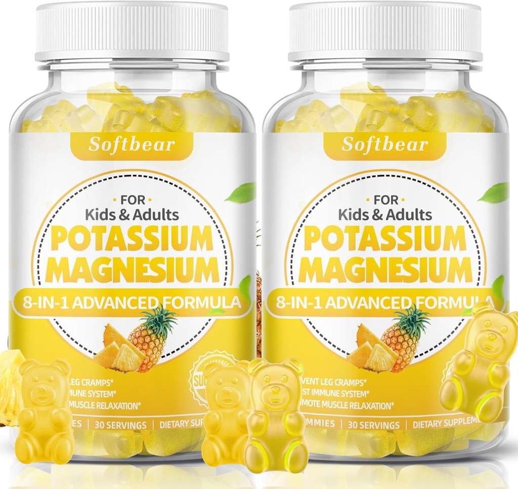 softbear Kalium Gummies voor volwassenen, Sugar-Free Kalium Magnesium Supplement met vitamine B6 CoQ10 voor spierkrampen Vegan Ananas smaak 120 Gummies