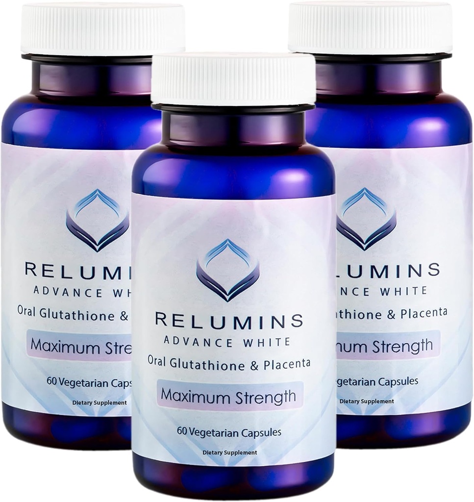 Relumins Advanced White Glutathion Capsules - Max Strength Brightening Supplement met ALA, Placenta, Rose HIPS & Vitamine C - Bestrijdt Oxidatieve Stress, Ondersteunt Collagen & Made in USA - 3 Flessen