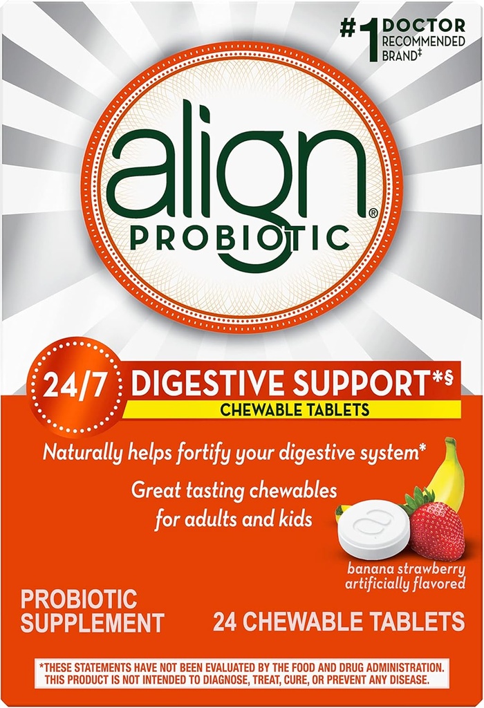 Uitlijnen Probiotic, Kauwbare Probiotic Tablets voor vrouwen en mannen, Fortify Your Discompensative System 24/7 met gezonde bacteriën, #1 Aanbevolen Probiotic door artsen en gastro-enterologen, 24 tabletten