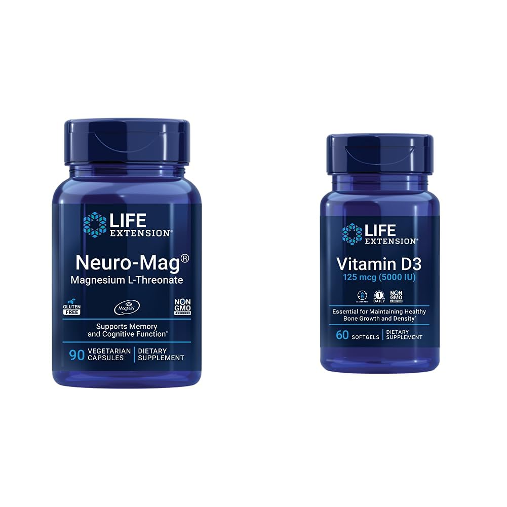 Life Extension Neuro-mag Magnesium L-threonaat en vitamine D3 supplement bundel voor hersenen, bot en immuungezondheid