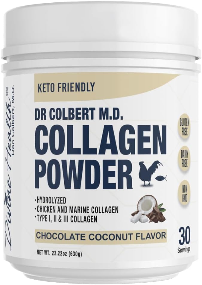 Dr. Colbert, MD Hydrolyzed Collagen Powder | Chocolate Coconut Flavor | by Divine Health | Type I, II, III Collagen | Support Healthy Hair, Skin, Nails and Joints | Keto Zone | 630g | 30 Servings