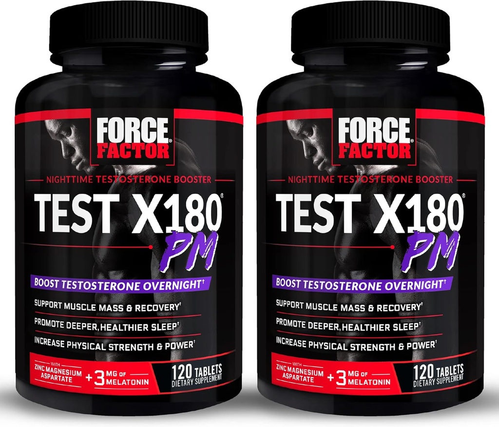 FORCE FACTOR Test X180 PM, 2-Pack, Testosteron Booster voor mannen, Overnight Testosteron Supplement om spier te bouwen, versterken kracht, en bevorderen Diepere, gezondere slaap en herstel, 240 tabletten