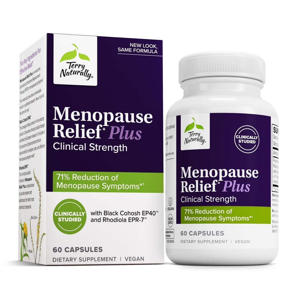 Terry naturellement Ménopause Relief Plus - Supplément symptôme de la ménopause - Supplément à l'aide contre la fatigue occasionnelle et les sueurs de nuit - Supplément avec Rhodiola et Cohosh noir - 60 Capsules