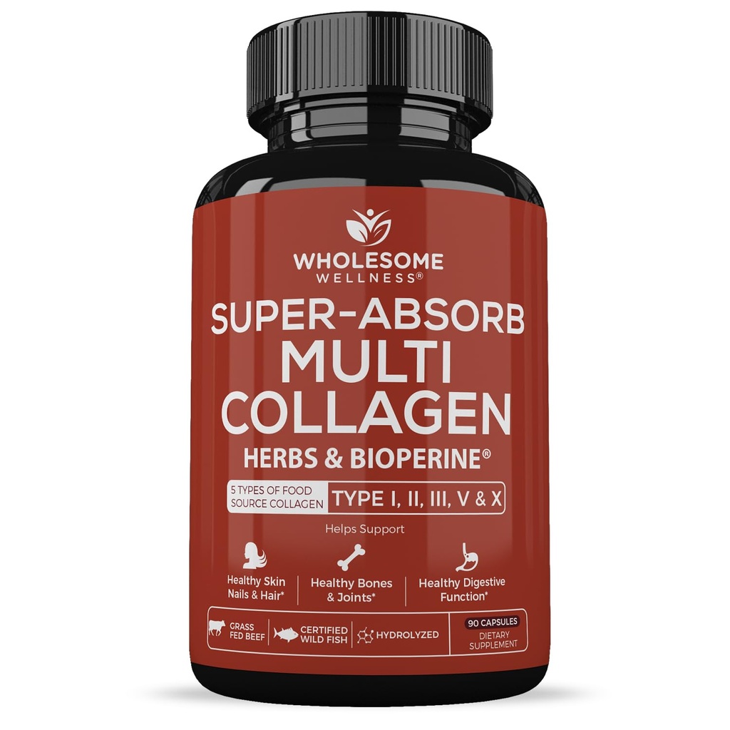 Geheel Wellness Super-Absorb Multi Collageen Pillen (Type I II III V X) Biologische Kruiden & Bioperine - Haar, Huid, Nagels - Gehydrolyseerde Peptiden Proteïne Supplement voor Vrouwen & Mannen (90 Capsules)