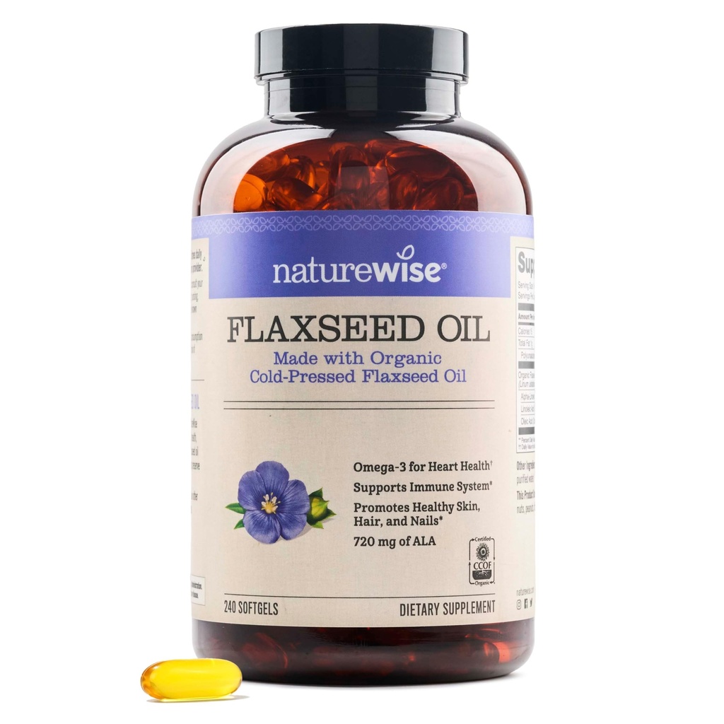 NatureWise Flaxseed Oil 1,242 mg, Visvrij Omega 3 6 9 met 720mg ALA, Dieetsupplement voor Hartgezondheidsondersteuning - Organisch, Cold Pressed, Non-GMO - 240 Softgels[8-Maande Levering]