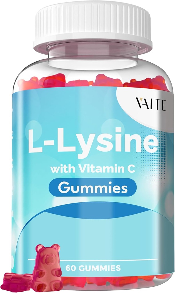 VAITE L-Lysine 800mg Gummies with Vitamin C - Skin, Lip & Cold Sore* Ondersteuning voor vrouwen - Lysine voor volwassenen, Ondersteunt weefsel Gezondheid & Immune System, Amino Acid & Complex Supplementen, 60 Vegan Kauwbare