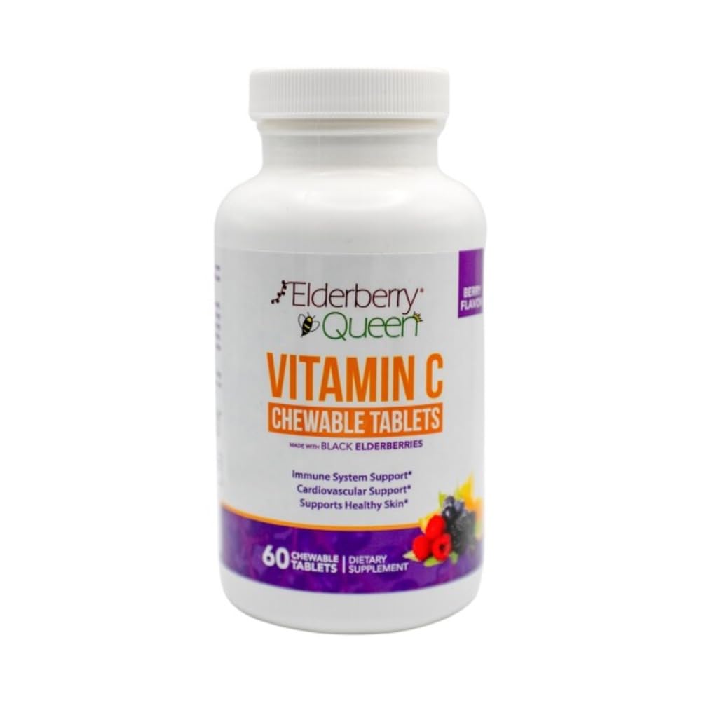 Vlierbessenkoningin Kauwbare vitamine C 500mg - Immuun Boost & Antioxidant Ondersteuning Tabletten met Vitamine A, E & Organic Echinacea, Oudere Fruit, Acerola - Natuurlijke Dieetsupplement, 60 Tel.