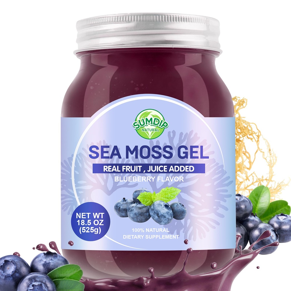 Sea Moss Gel, 18.5OZ Raw Flavored Irish Seamoss Gel Immune en Digestieve Ondersteuning Vitamine Minerale Supplementen, Blueberry