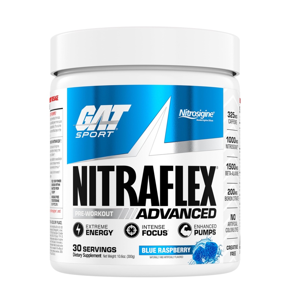 GAT SPORT Nitraflex Advanced Pre-Workout Powder, verhoogt de bloedstroom, verhoogt sterkte en energie, verbetert oefening prestaties, (Blauwe Raspberry, 30 porties)