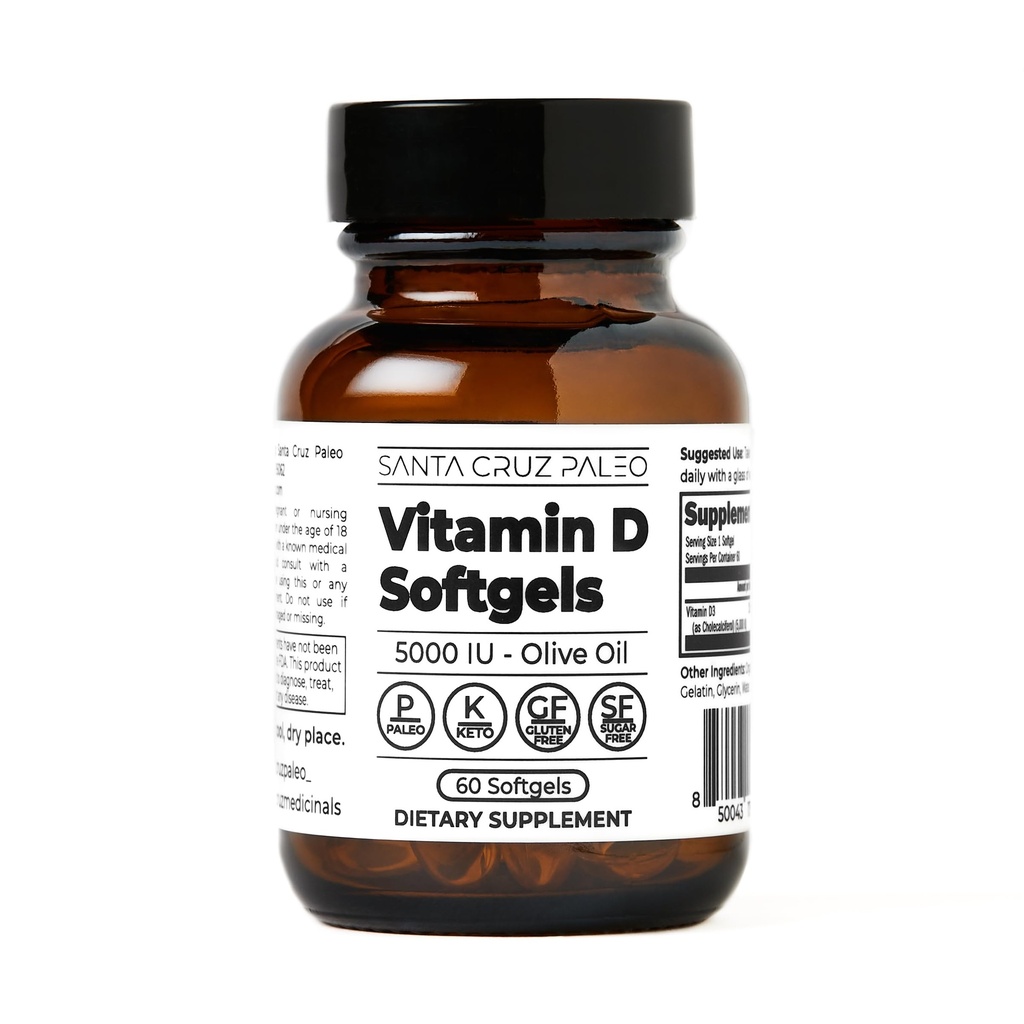 Supplément vitamine D de Santa Cruz Paleo, Bone Health & Immune Support, 5000 i.u. Par Softgel, sans gluten, Keto, sans sucre, Paléo, vitamine D3, huile d'olive pour l'absorption, ingrédients naturels, 60 Softgels