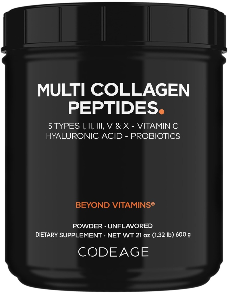 Codeage Multi Collageen Peptiden + Probiotica Black Edition, Vitamine C, Hyaluronic Acid Powder Supplement, Grass-Fed, Pasture-Raised, Hydrolyzed, Zero Carbs, Type I, II, III, V & X, Unflavored, 21oz