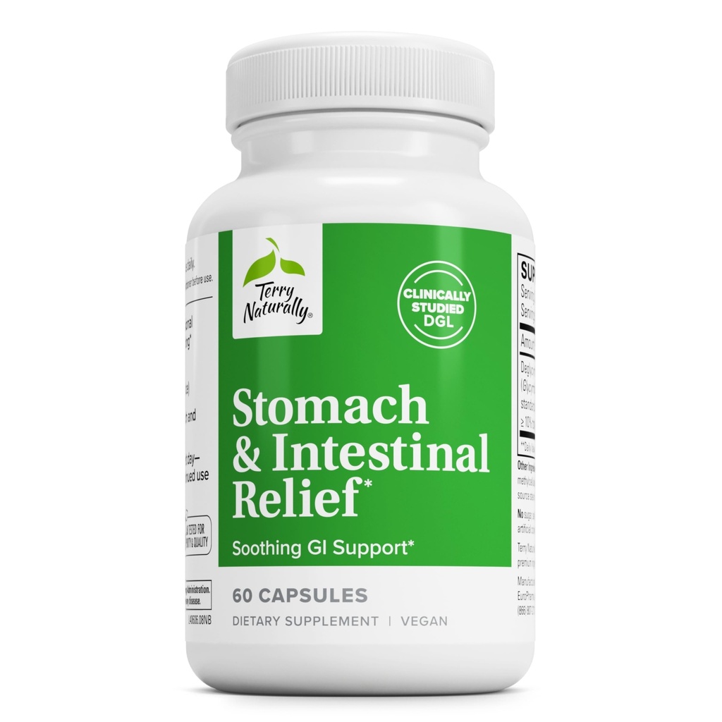 Terry Naturally Stomach & Intestinal Relief - Supplement op de steun Digestive Health & Intestinal Lining - Aids against Occasional Discompensative Discomfort to Soothe Stomach - 60 Capsules
