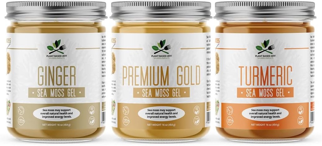 Planten Jeff Biologische Zee Mos Gel Bundel met Kurkuma, Gember, Plain, 3x16 oz. Natuurlijke Wildcrafted Superfood, Immune Defense en Digestieve Ondersteuning, Non-GMO, Vegan en Keto