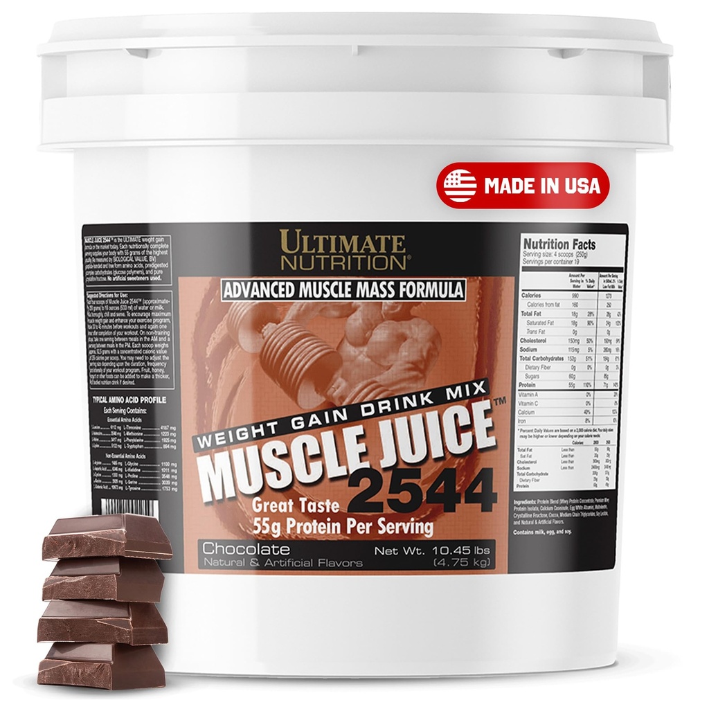Ultimate Nutrition Jus musculaire, Mélange de boisson gain de poids - Poudre d'entraînement gain de masse pour les hommes et les femmes - Supplément pour la croissance musculaire maigre et le soutien immunitaire avec 55g de protéines - chocolat, 10.45lb