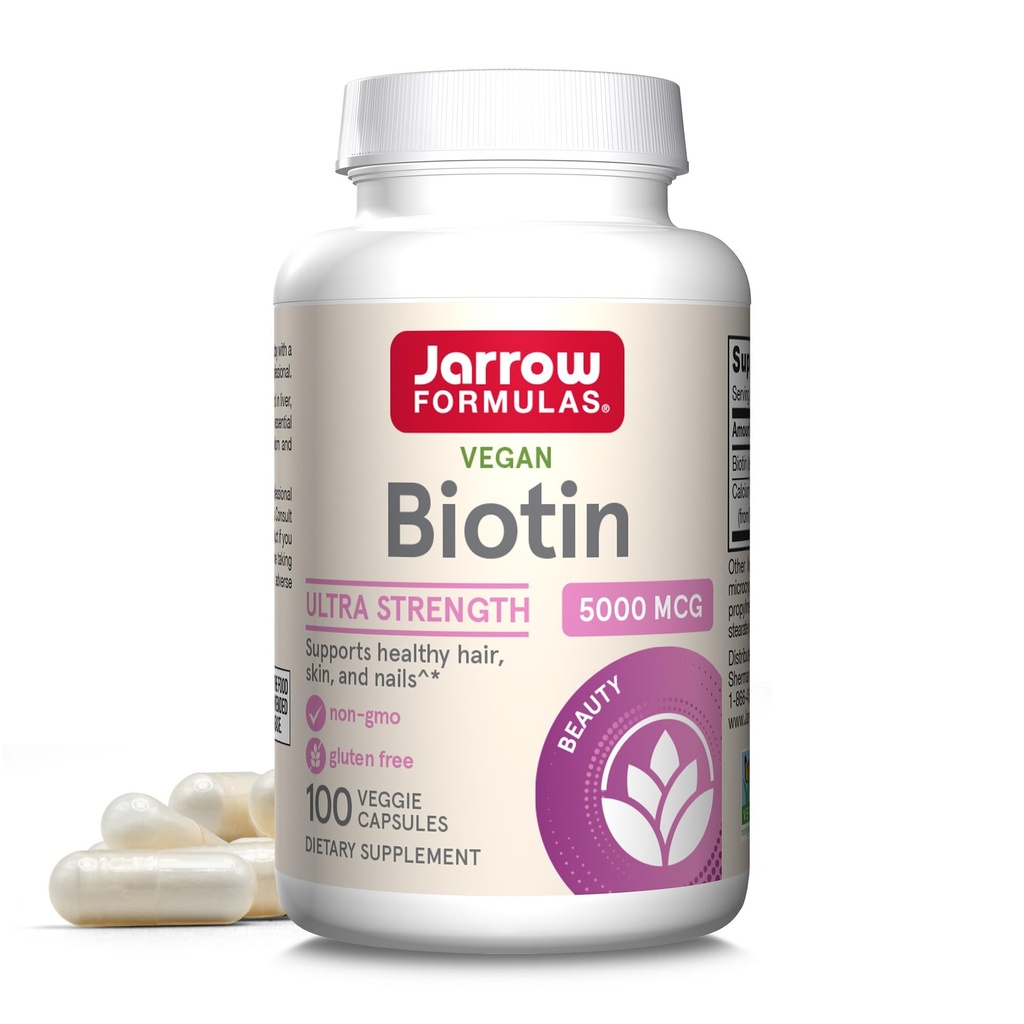 Jarrow Formulas® Biotin Ultra Strength 5000 mcg, complément alimentaire, soutien des cheveux, de la peau et des ongles, 100 capsules de légumes, jusqu'à 100 jours