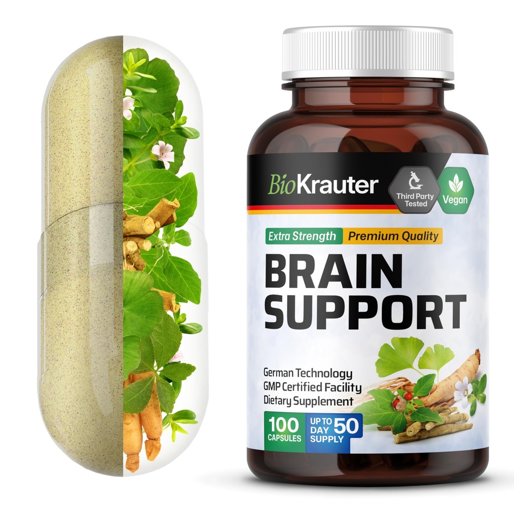 BIO KRAUTER Brain Support Supplement - 100 Telling - 1300 mg Blend van Ashwagandha, Panax Ginseng en Ginkgo Biloba - Vegan, Geen Fillers