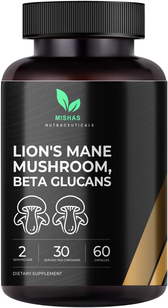 Mishas Lions Mane Supplement - Organic Lions Mane - Brain Health Support - Mushroom Support for Focus & Memory, Immune & Nervus Function System Women & Men - 60 Vegan Capsules