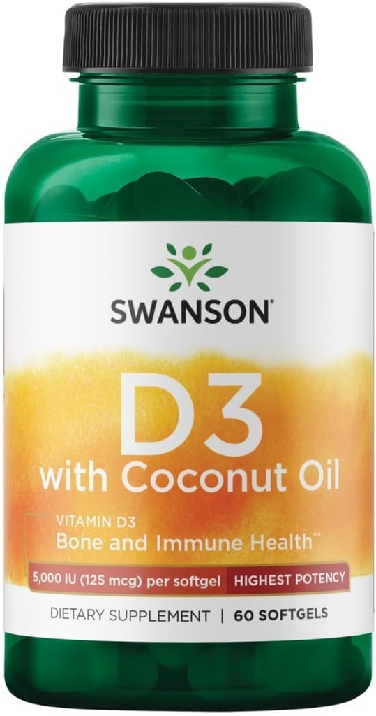 Swanson High Potency Vitamine D-3 w/Coconut - Natural Supplement Promoting Bone Health & Immuun System Support - Kan helpen verhogen Calcium Absorptie - (60 Softgels, 125mcg Elk)