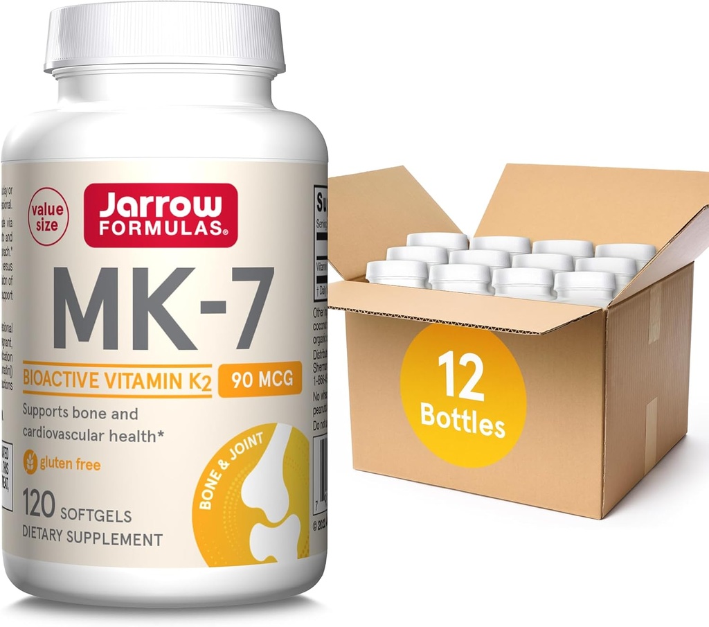 Jarrow Formulas MK-7 90mcg-Bioactive Form of VIT K2-120 Servings(Softgels) - for Bone & CV Health-VIT K2 MK-7 Dieet Supp-K2 VIT Supp MK-7-Gluten Free,12 Pack