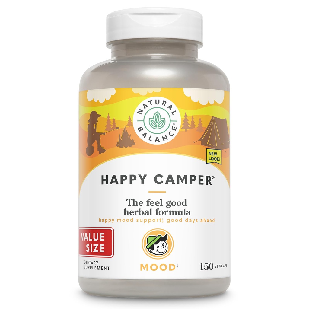Natural Balance Happy Camper - Supplément de soutien pour l'humeur agréable - Gotu Kola, Fleur de Passion et Capsules Kava Kava - Garantie de 60 jours - 75 portions, 150 VegCaps