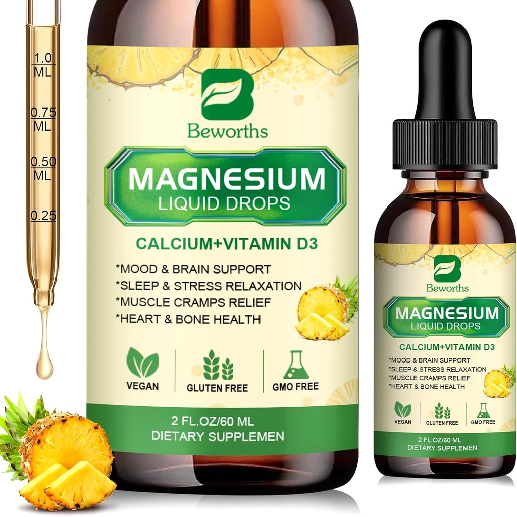 Magnesium Glycinate Complex, Magnesium Liquid Drop met magnesium citraat, Calcium, Kalium, Vitamine D3, Zink - Magnesium Taurate Supplement voor bot, energie, spierondersteuning