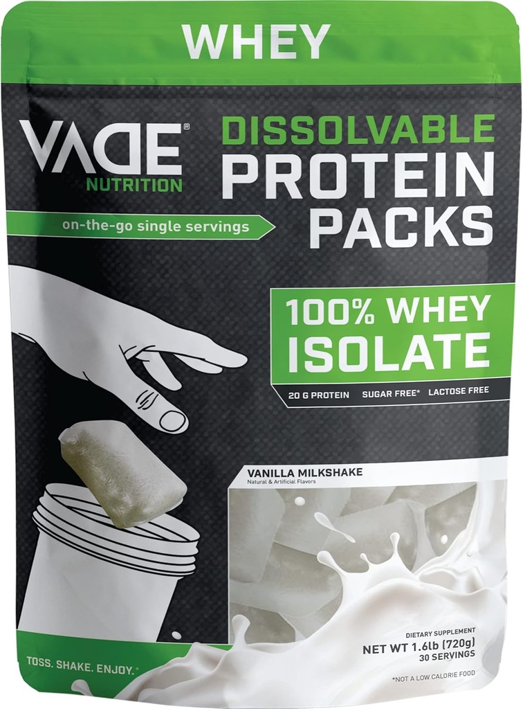 VADE Nutrition Packs de protéines dissolvables - 100% Whey Isolate Protéines Poudre Vanilla Milkshake - faible teneur en glucides, faible teneur en calories, sans lactose, sans sucre, sans gras, sans gluten - 30 paquets à emporter