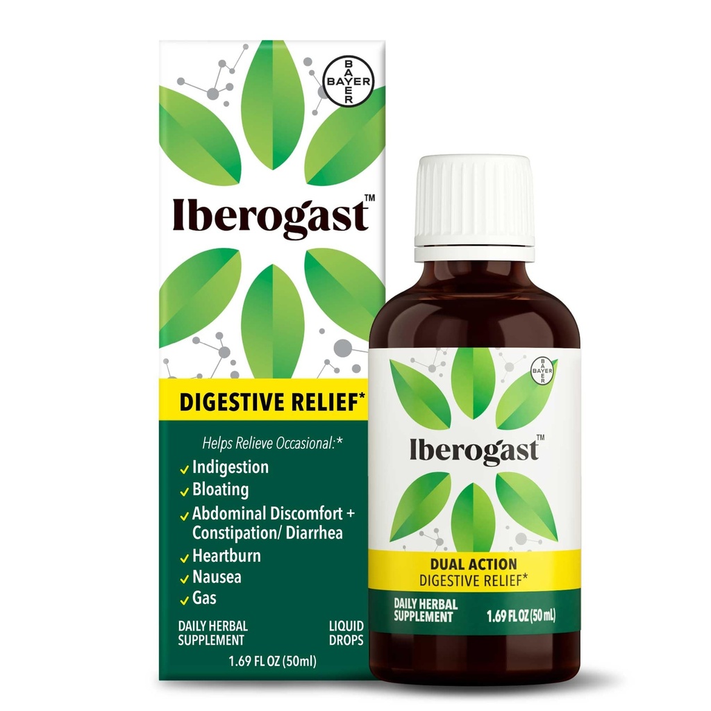 Iberogast Liquid Drops, Herbal Relief of Stomach Upsets: Indigestion occasionnelle, Bloating, Gaz, Nausées, Estomac relevé; Sans gluten; Mélange de 6-herbes avec Iberis Amara, Peppermint, réglisse; 50mL