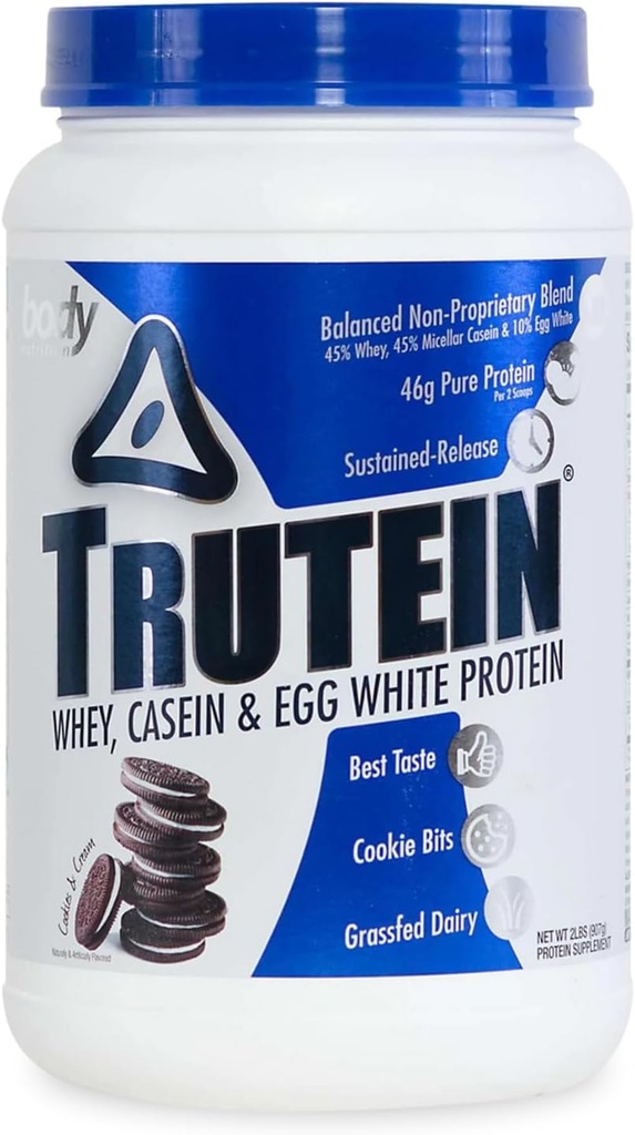 Body Nutrition Trutein High Protein Powder: 45% Wei, 45% Caseïne, 10% Egg White Protein Shake Mix, Low Sodium, Low Carb Protein Supplement Powder for Men & Women, Cookies & Cream, 2lb