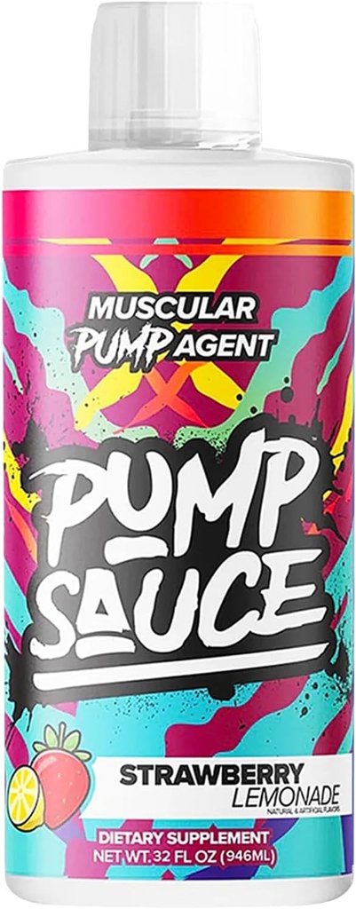 Pompsaus Pre-workout - 32 oz, aardbei limonade, Geen cafeïne, volledig spectrum vloeibaar, glutenvrij, veganistisch, Zero Sugar