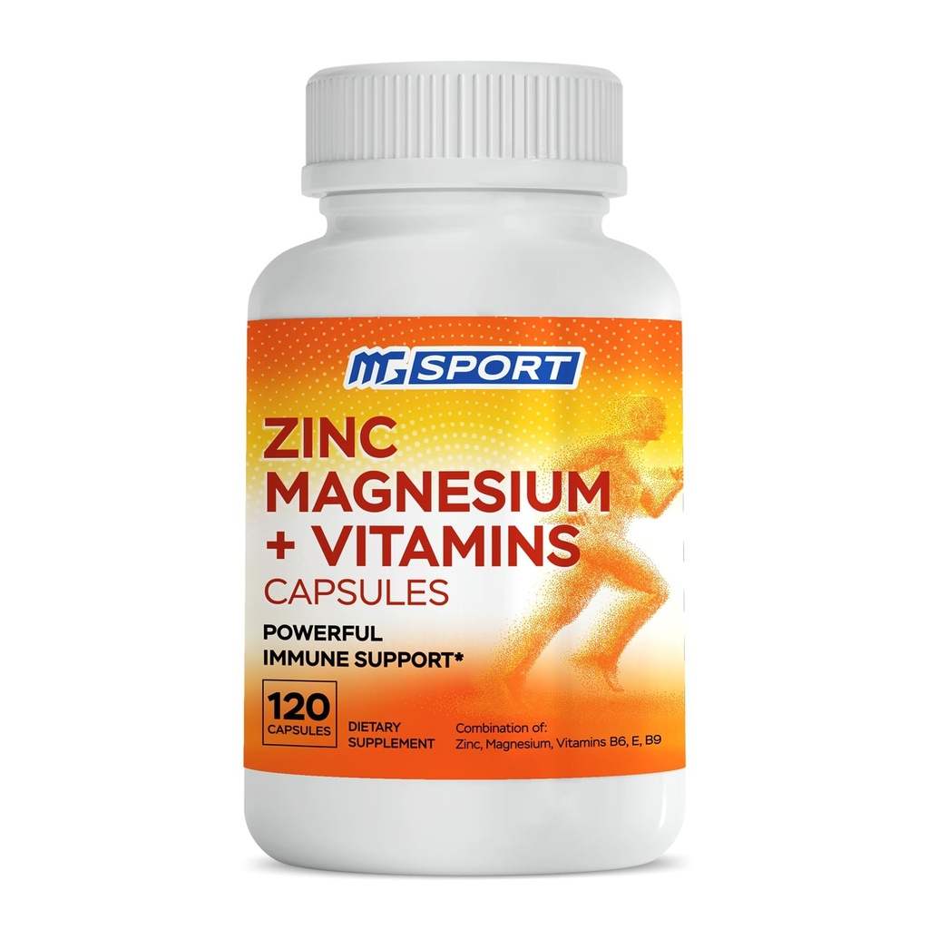 MgSport supplément de zinc de magnésium avec des vitamines B6, B9, combinaison de zinc de haute absorption pour le soutien immunitaire, récupération musculaire, EZ-MG facile sur l'estomac, 120 capsules