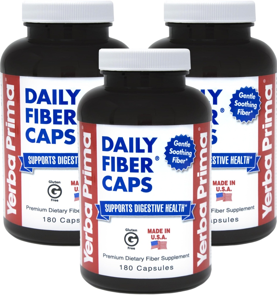 Yerba Prima Daily Fiber Capsules, 180 Caps (verpakking van 3) - Oplosbaar Dieet Fiber Supplement - Colon Reiniging - Gut Health - Constipatie Relief, Vegan, Non-GMO, Glutenvrije