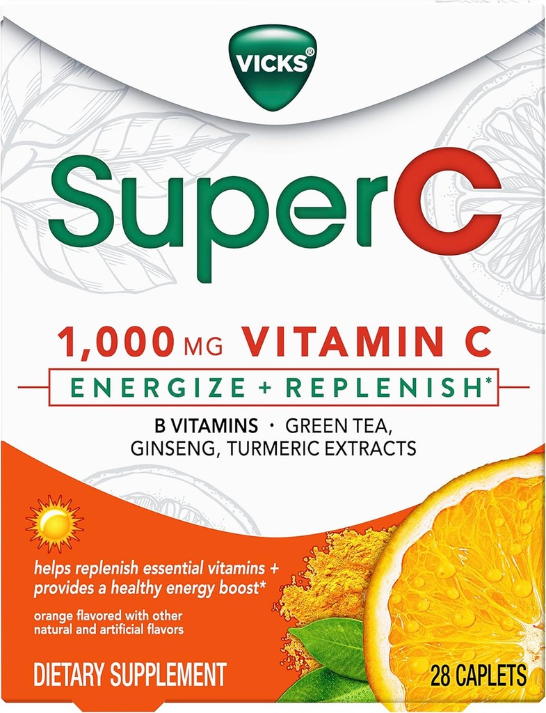Vicks Super C Energize + Replenish Daytime Dieetsupplement met vitamine C, B vitamines, groene thee, Ginseng, en Kurkuma Extracten om te helpen bij het aanvullen van essentiële vitaminen*, 28 Capletten
