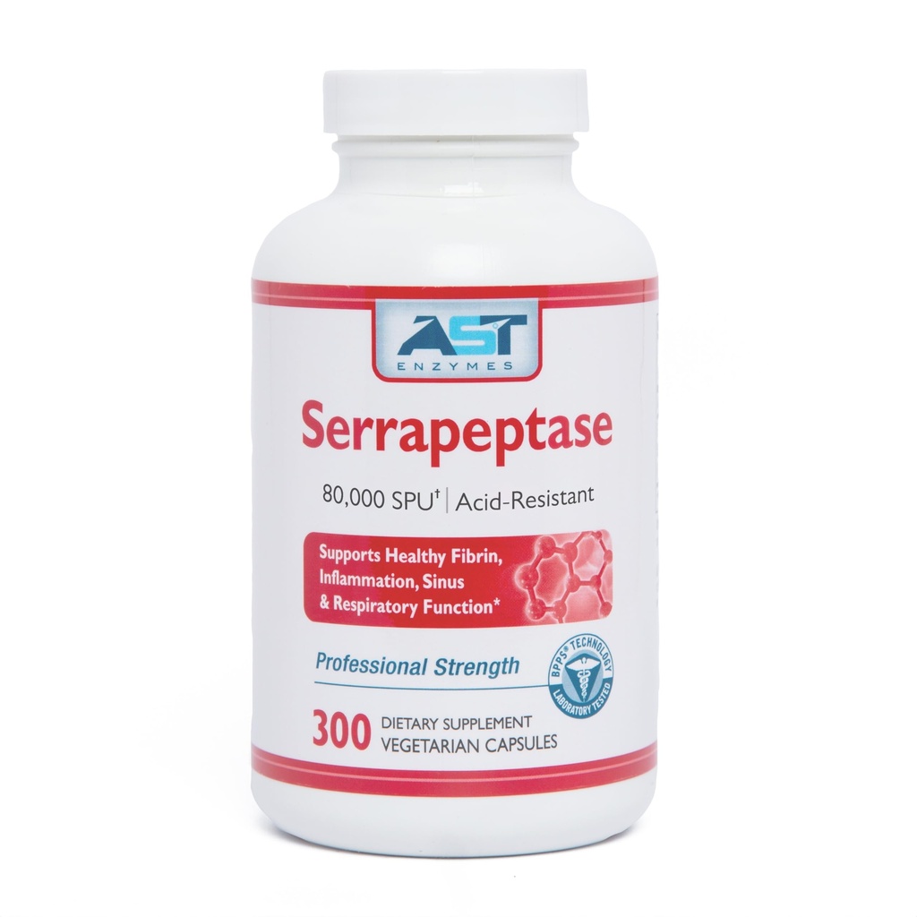 AST Enzymes Serrapeptase 80,000 SPU – 300 Vegetarian Capsules - Premium Natural Systemic Enzymes – Acid-Resistant Serrapeptase
