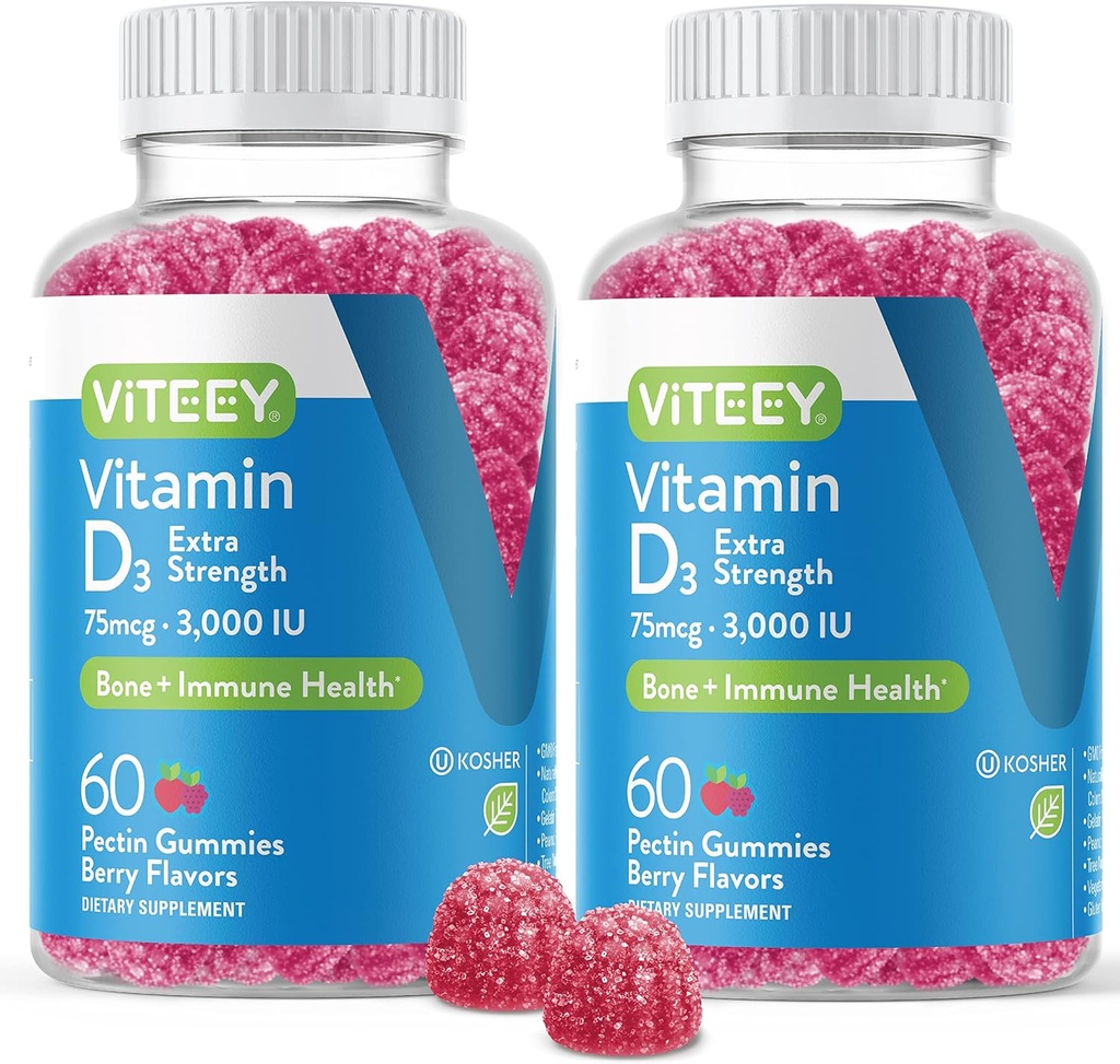 Vitamine D3 Gummies for Adults & Teens - 3.000 IE, 75 mcg, Extra Strength - Joint & Muscle Health, Immune Boost - Kauwbare vitamine D Gummies - Vegetarisch, Gelatinevrij - Smakelijke Berry Flavored Gummy